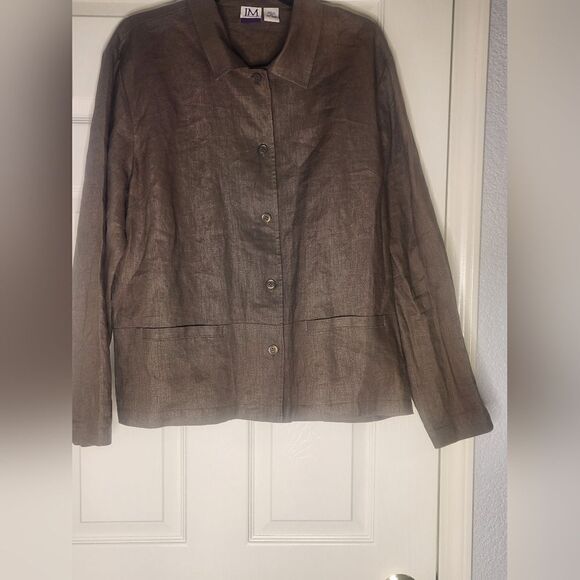 JM Collection XL Lngslv Peanut Brown 100% LINEN Pockets Buttons Up Women Jacket - Picture 1 of 9